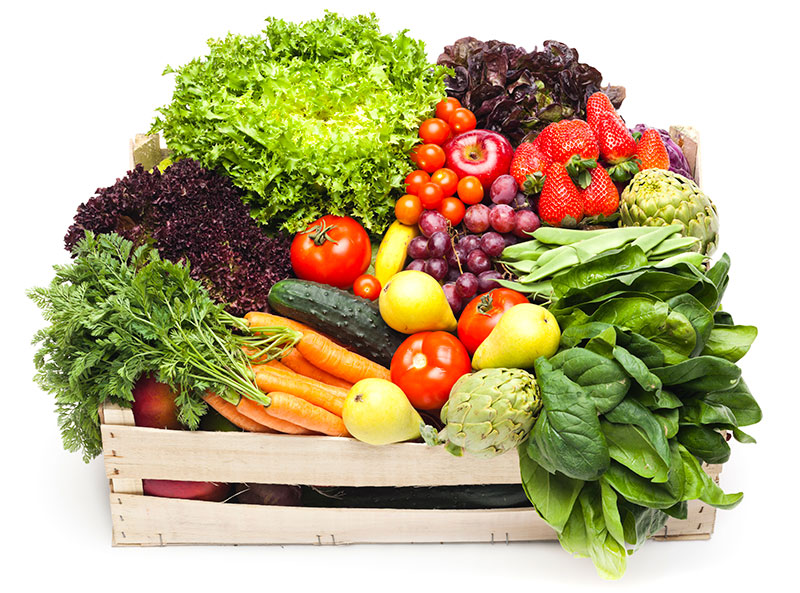 Assortment of fruits and vegetables inside box